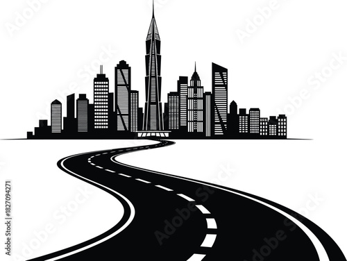 Winding asphalt road leading to modern city skyline silhouette, black and white vector illustration, urban highway journey to business success, minimal.