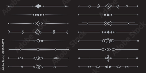 Line silver text dividers. Set of simple geometric borders. Classic collection for menu, greeting card, and invitation designs. Vector illustration isolated on a black background