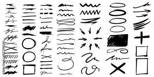 Marker or brush stroke set. Black hand-drawn pen and paint underlines, frames, and elements. Collection of simple grunge designs. Vector illustration isolated on white background