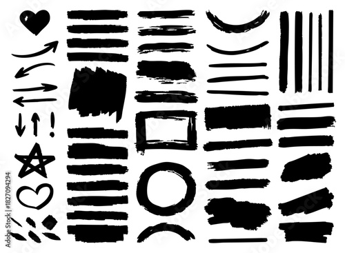 Marker or brush stroke set. Black hand-drawn paint lines and frames. Collection of simple elements for designs. Vector illustration on a white background