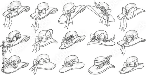 Women's summer hat sketch set, hand drawn fashion accessories, vintage wide brim headwear, beach cap with ribbon bow collection