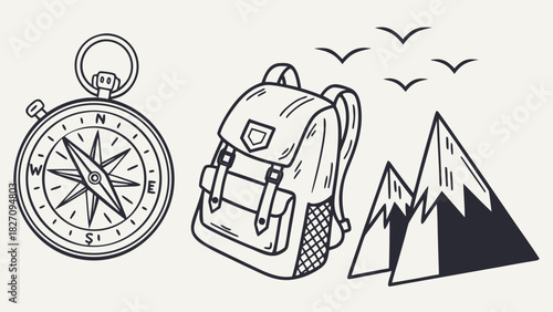 A compass, backpack, mountains, and birds, all in a handdrawn style, , evoking a sense of adventure and exploration