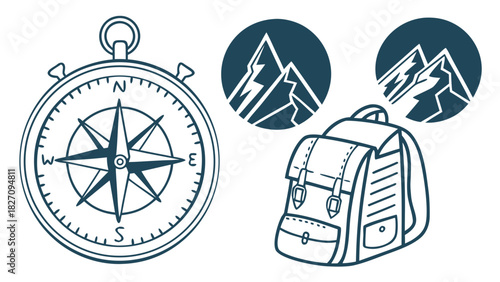 Compass, backpack, and mountain icons, symbolizing adventure, exploration, and the spirit of outdoor pursuits