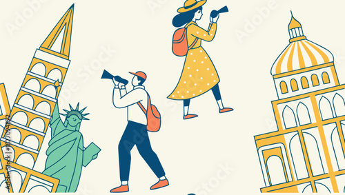 A whimsical illustration of global travel destinations with tourists exploring famous landmarks