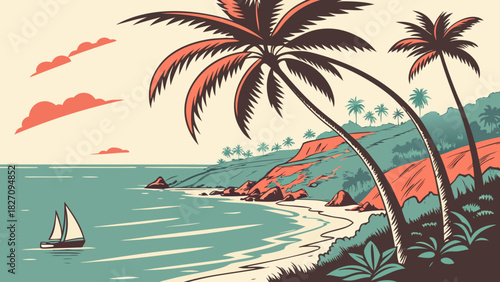A serene coastal scene featuring palm trees swaying gently along the shore, with a sailboat gliding on the turquoise water under a clear sky