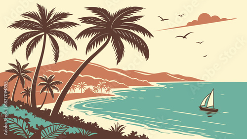 A serene tropical beach scene with palm trees, a sailboat, and gentle waves, evoking a sense of relaxation and escape to a tranquil paradise