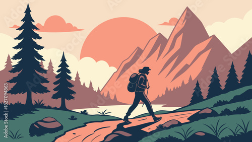 A lone hiker treks along a winding path, with towering mountains and a radiant sun painting the backdrop, capturing the essence of adventure