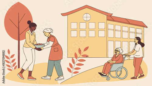 A compassionate scene unfolds with caregivers assisting an elderly woman in a wheelchair outside a care facility, fostering a sense of community and support