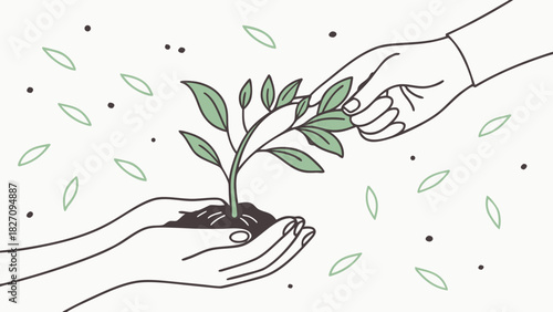 Two hands gently cradling a young plant with green leaves, while another hand reaches out to touch it