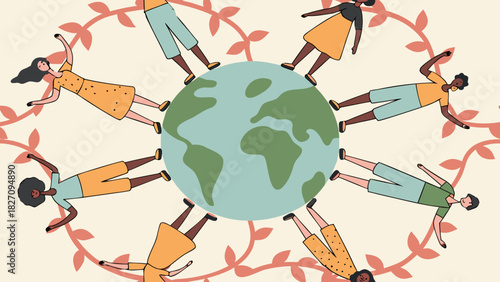 People from different cultures stand around the world, symbolizing unity and global collaboration for a sustainable and interconnected future