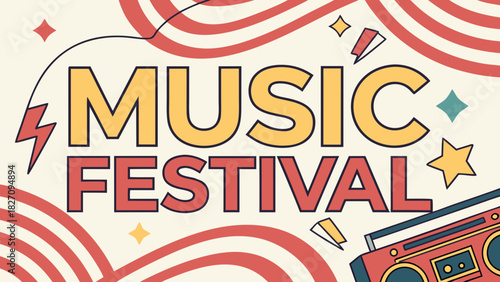 A vibrant music festival advertisement featuring bold typography, retro patterns, and a classic boombox, creating a lively and energetic atmosphere