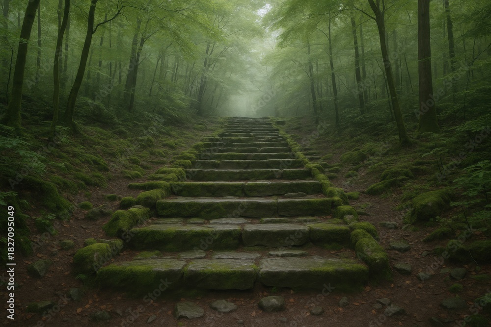 Obraz premium Stone Steps Leading Upward Through a Misty Forest: Serene Nature Scene with Green Foliage
