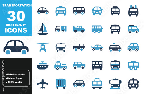 High-Quality Transportation Icons Set Featuring Cars, Boats, Planes, Buses, and Other Vehicles