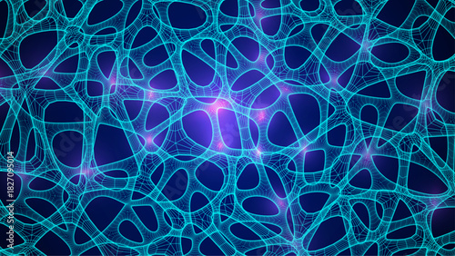 Blue Organic Cell Pattern With Neural Texture. Abstract Voronoi Network. Ai Bg With Neuron And Synapse Geometry. Cyber Grid And Mesh. Techno Background With Dynamic Lines And Curve. Biology Structure