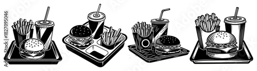 Set of fast food meals with hamburger french fries and soda drink on a tray Vector black and white line art illustration