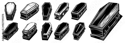 Set of wooden coffins in various angles for funeral or halloween themes Vector black and white line art illustration
