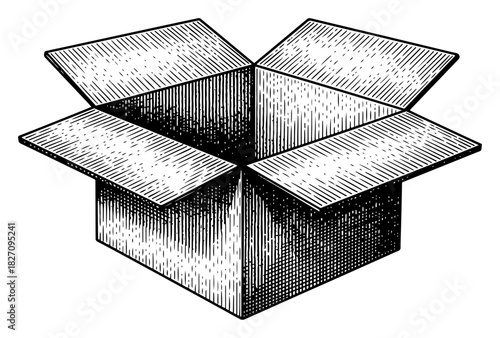 Open cardboard box vector illustration in vintage woodcut style showing empty package container and shipping carton sketch with engraving texture
