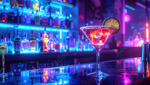 Neon glowing cocktail in crystal glass, futuristic bar background.