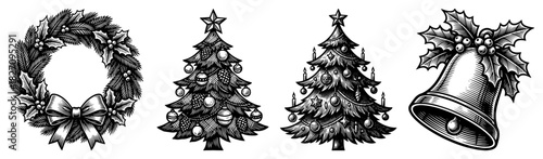 Christmas holiday decoration set featuring wreath decorated tree and jingle bell Vector black and white line art illustration