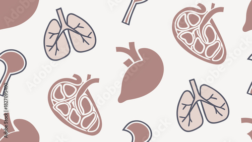 Seamless pattern of human internal organs heart, lungs, kidney, liver, and stomach in a repeating design
