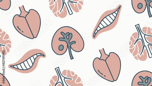 Seamless pattern of human organs brain, kidney, heart, and intestines in a playful and anatomical style