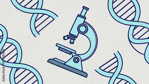 Illustration of a microscope surrounded by dna strands, symbolizing scientific research and genetic studies on a light gray background