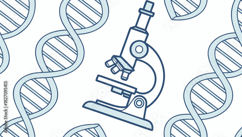 A microscope is positioned against a backdrop of stylized dna strands, symbolizing scientific exploration and genetic research