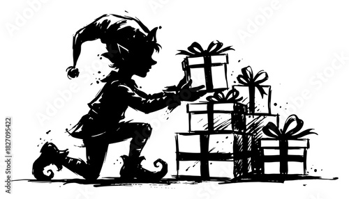 Christmas elf silhouette stacking gift boxes vector illustration in hand drawn ink style depicting holiday preparation scene