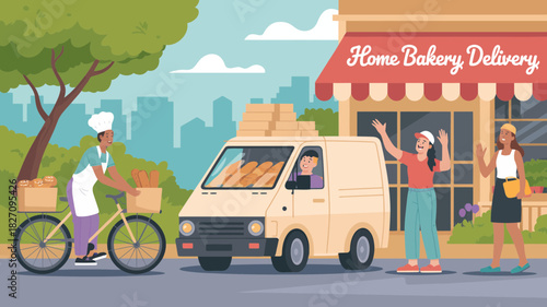 Baker on bicycle and delivery van bringing fresh bread to customers outside a home bakery shop