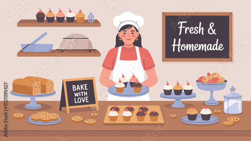 Friendly baker woman holding cupcakes in a charming bakery with fresh baked goods displayed