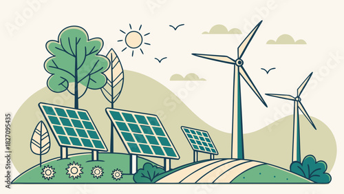 A picturesque landscape featuring solar panels, wind turbines, a lush tree, and a radiant sun, symbolizing sustainable energy and environmental harmony