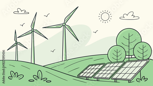 Illustration of a sustainable landscape with wind turbines, solar panels, and trees, representing renewable energy and environmental conservation