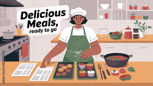 Smiling chef in a kitchen preparing delicious meals ready to go for customers