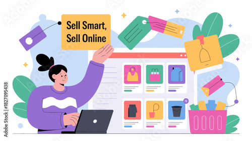 Woman selling products online using laptop with shopping website interface and tags floating around