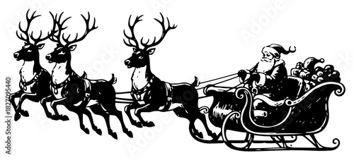 Flying Santa Claus sleigh with reindeer team vector silhouette illustration depicting Christmas eve delivery ride