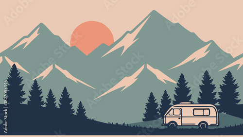 A serene landscape featuring a vintage camper van parked amidst towering mountains and lush pine trees, bathed in the warm glow of the setting sun