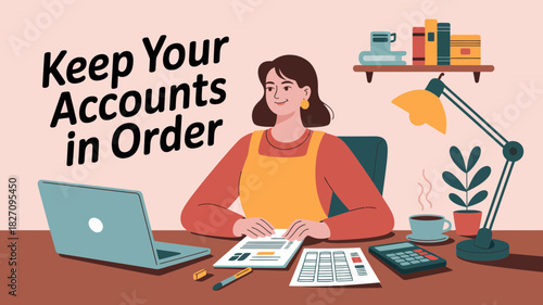 Woman organizing finances and keeping accounts in order at her desk with laptop and calculator