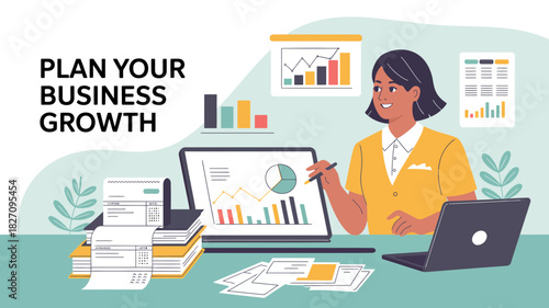 Woman planning business growth analyzing charts and financial reports on laptop and desk