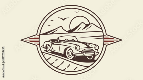 A classic convertible car cruises along a scenic road, mountains and birds in the background, all framed within a stylish circular emblem