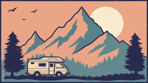 A scenic landscape featuring a camper van parked amidst towering mountains, lush trees, and a radiant sun, evoking a sense of adventure and tranquility