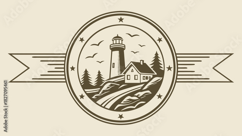 A scenic emblem featuring a lighthouse and house on a rocky coast, encircled by a ribbon and stars, evoking a nautical and adventurous atmosphere