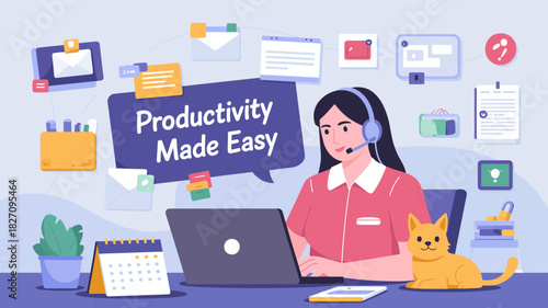 Woman with headset working on laptop with cat and productivity icons symbolizing ease of work