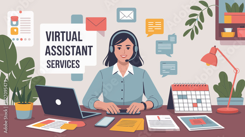 Smiling woman with headset working at desk offering virtual assistant services with laptop and calendar