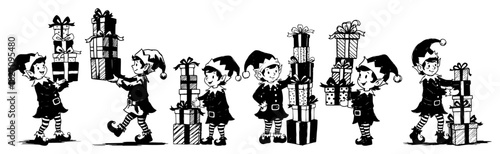 Set of cute christmas elves carrying stacks of gift boxes for holiday preparation Vector black and white line art illustration