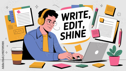 Creative person wearing headphones working on laptop with text write edit shine and office supplies