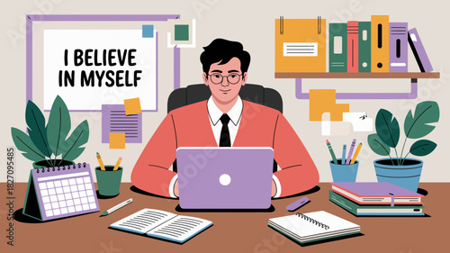 Motivated businessman working at his desk with a laptop and inspirational quote on the wall