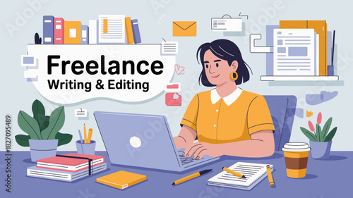 Young woman working remotely on her laptop as a freelance writer and editor at her desk