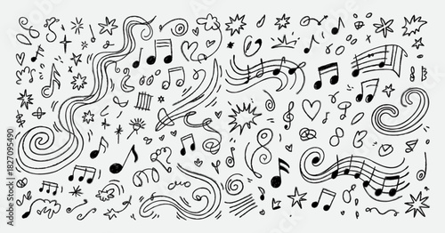 Artistic handdrawn musical notes, symbols, and decorative swirls pattern, isolated on white background