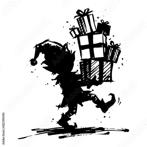 Silhouette of a christmas elf carrying a heavy pile of gift boxes while walking Vector black and white line art illustration