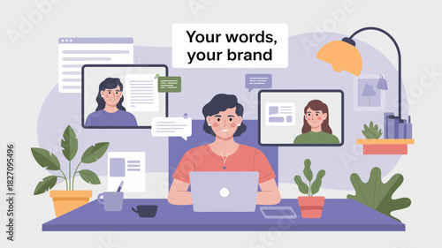 Woman working on laptop with video calls and text messages showing brand communication and marketing